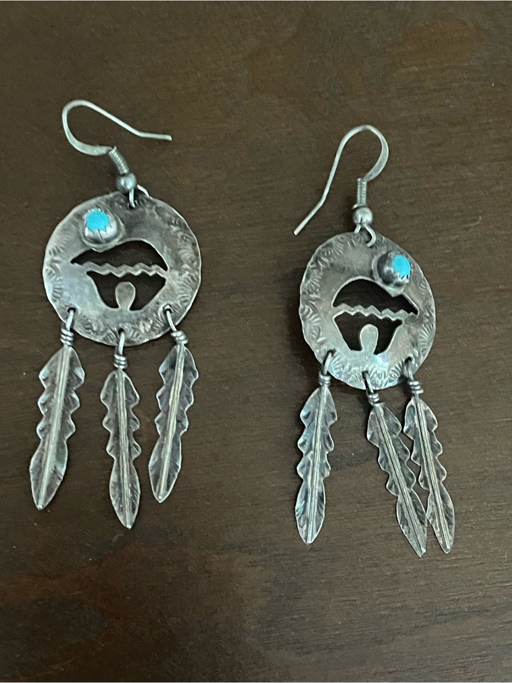 Sterling Silver Turquoise Shield with Feathers Earrings Native American